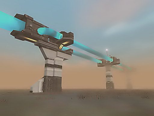 Two large futuristic structures with blue energy beams in a foggy environment.