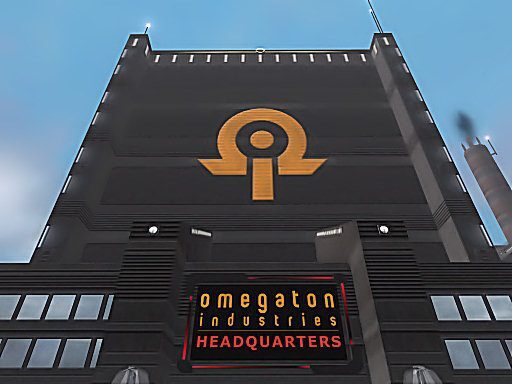 A tall building with the Omegaton Industries logo and a sign that reads 'Omegaton Industries HEADQUARTERS'.