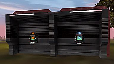 Two side-by-side technology stations with orange and blue displays.