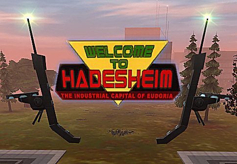 Sign saying 'Welcome to Hadesheim' with robotic arms, set in a landscape.