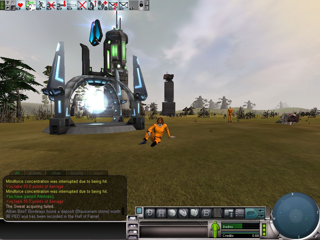 An open landscape with a teleportation gateway and two avatars in orange suits. One avatar is on the ground. The UI displays damage notifications and a Hall of Fame achievement.