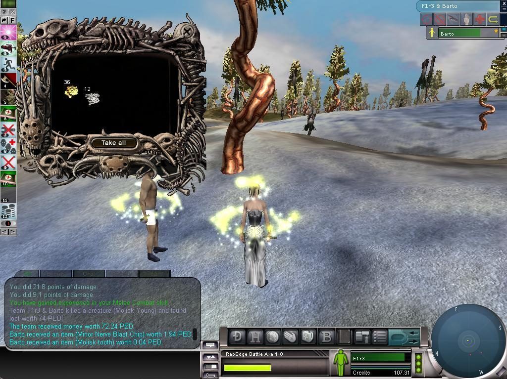 In-game screenshot showing a player collecting loot with a loot window open, another player in the background.