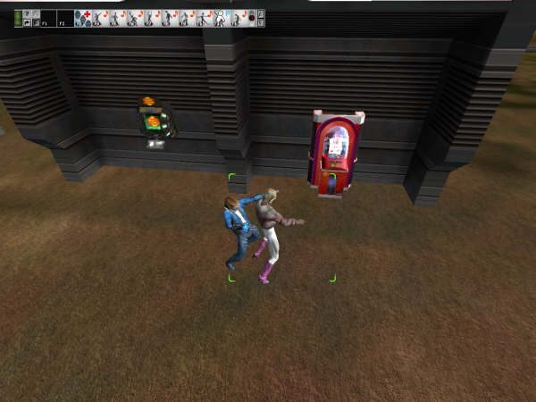 Two avatars interacting near a building with a jukebox and control panel.