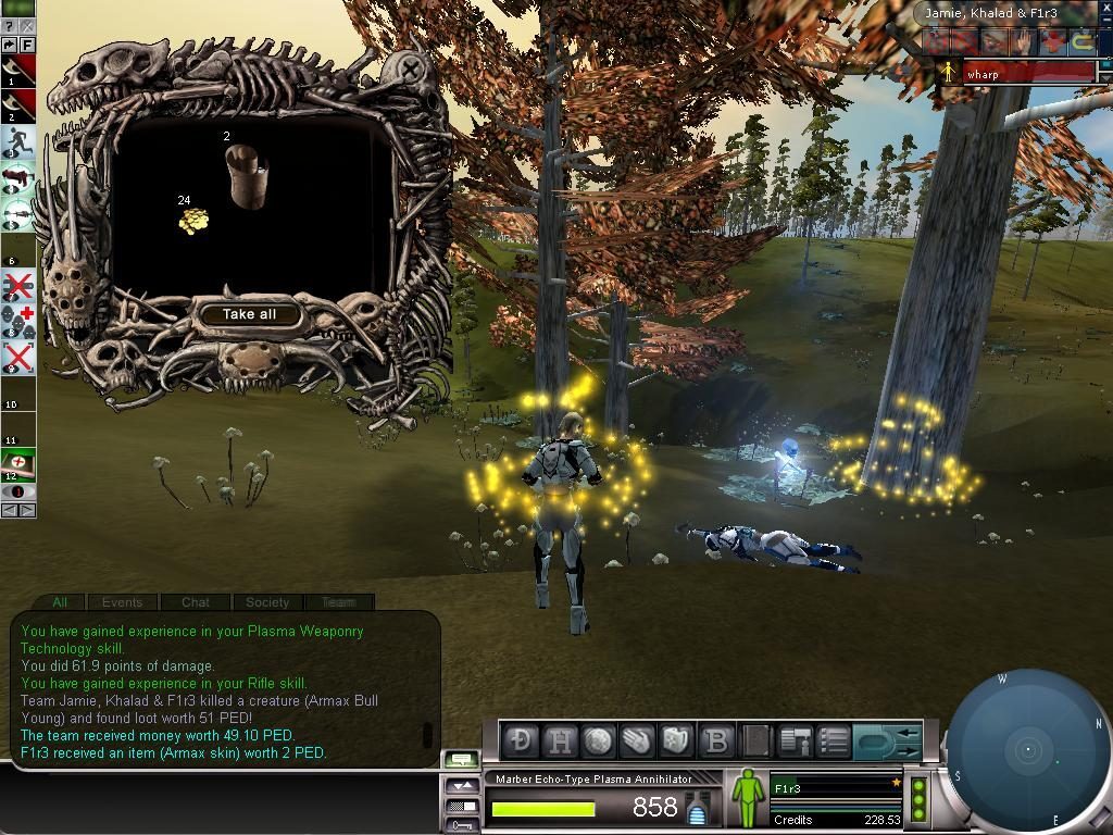 A player in a sci-fi environment collecting loot, with a loot window showing items.