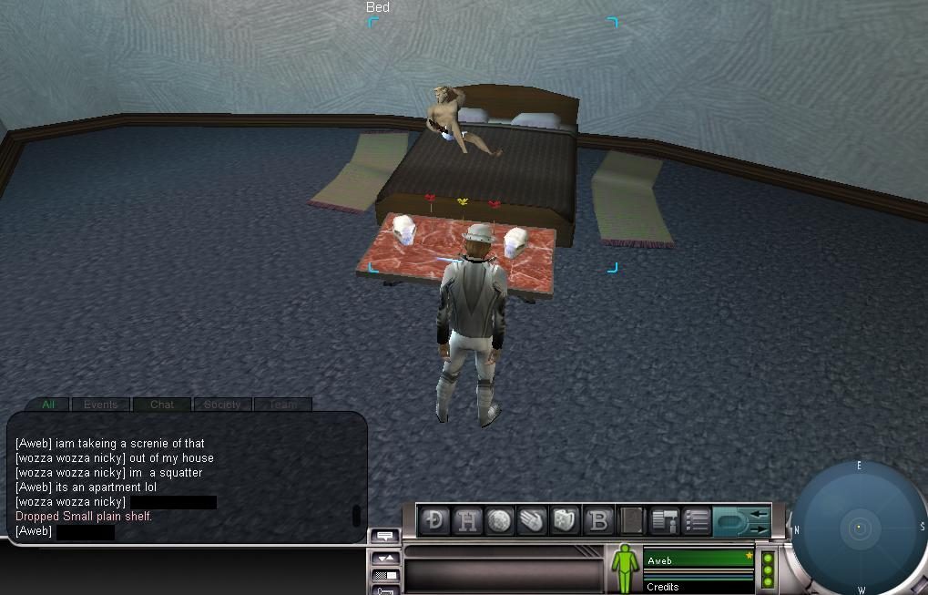 A player character in a virtual apartment with a bed and chat interface visible.