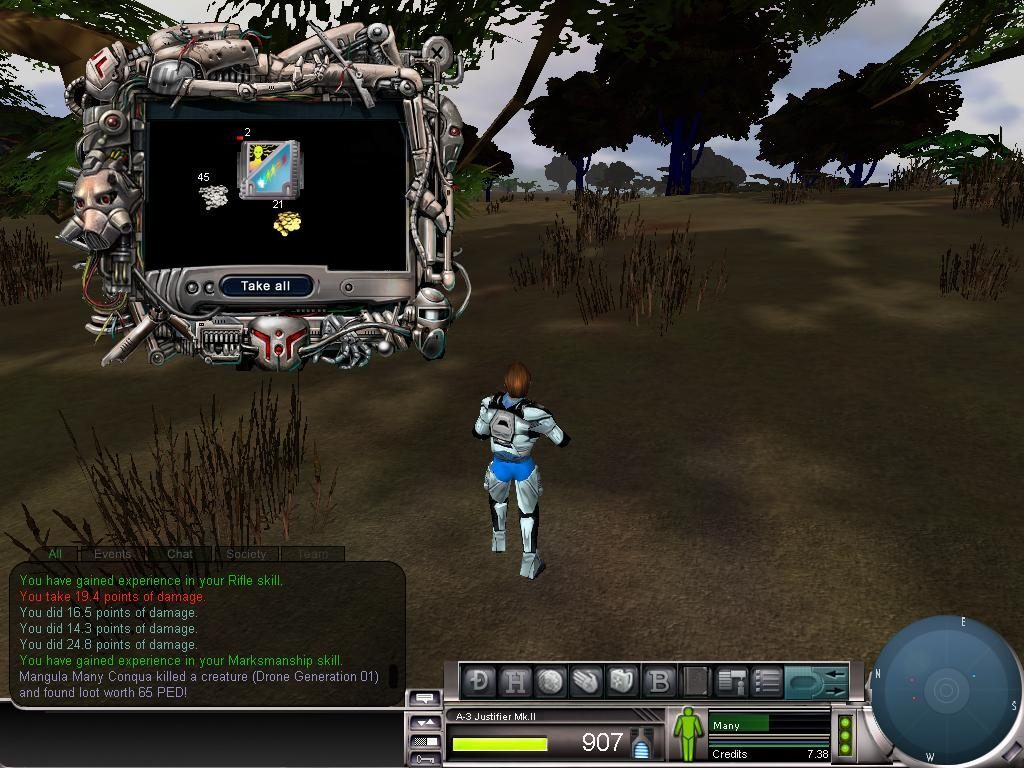 A player in a futuristic outfit stands in a grassy area, viewing loot options on a screen.