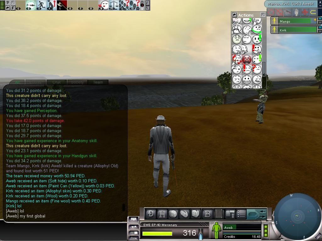 A player character in a virtual environment with chat messages detailing combat actions and loot.