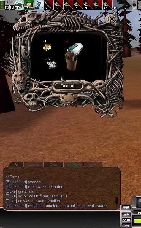 Inventory screen displaying a Neopson Mindforce implant and resources, with chat messages below.