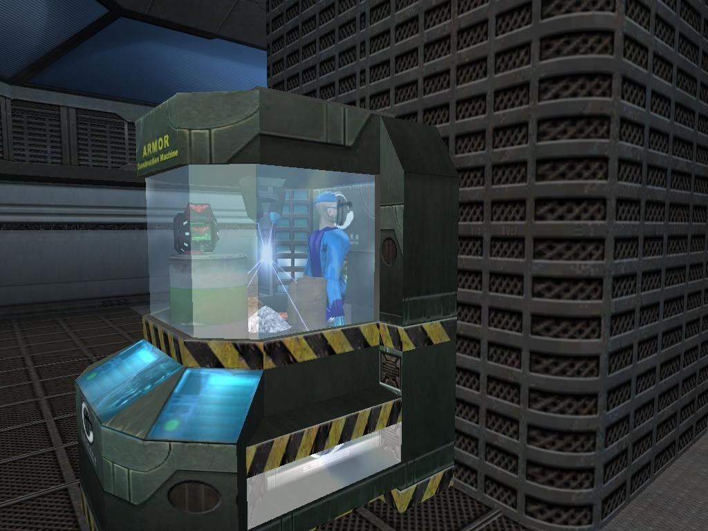 A futuristic armor construction machine with a character inside, set in a sci-fi environment.