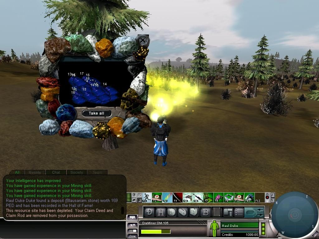 A player in blue attire mining in a forest, with a UI showing mined resources and skill gains.