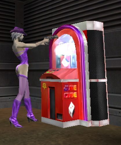 A character in a purple outfit aiming a gun at a colorful slot machine.