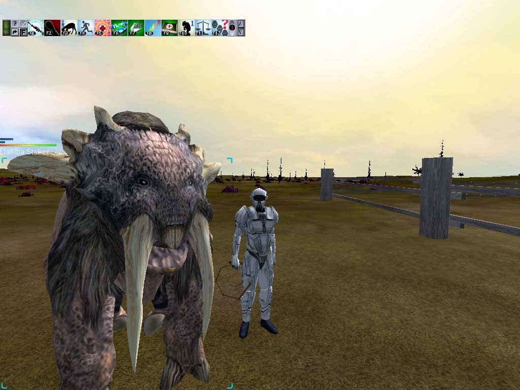 A Daikiba Stalker, a large furry creature with tusks, stands next to a humanoid in a white suit in a barren landscape with wooden posts and a muted sky.