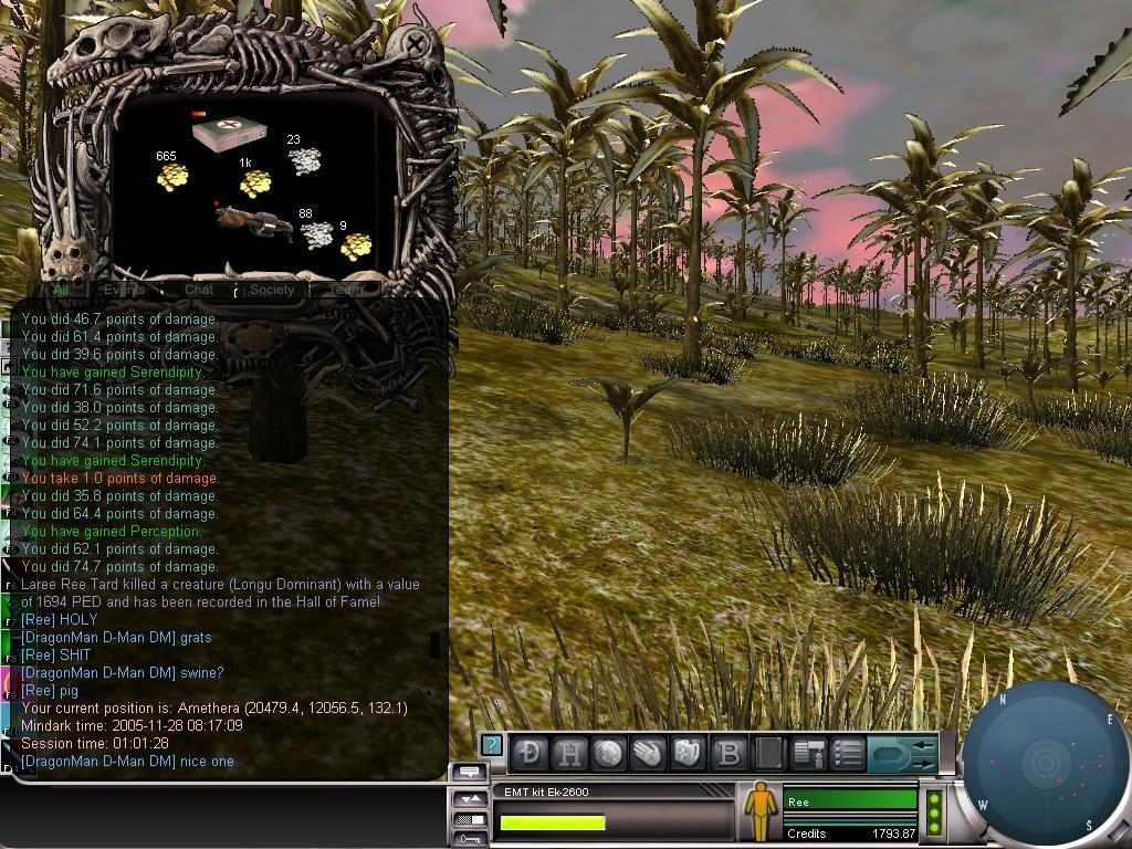 A screenshot from Entropia Universe showing a grassy landscape with tall plants. A player avatar named 'Ree' is in the lower left corner, displaying health and credits. The user interface shows combat damage notifications and a message about a Longu Domin