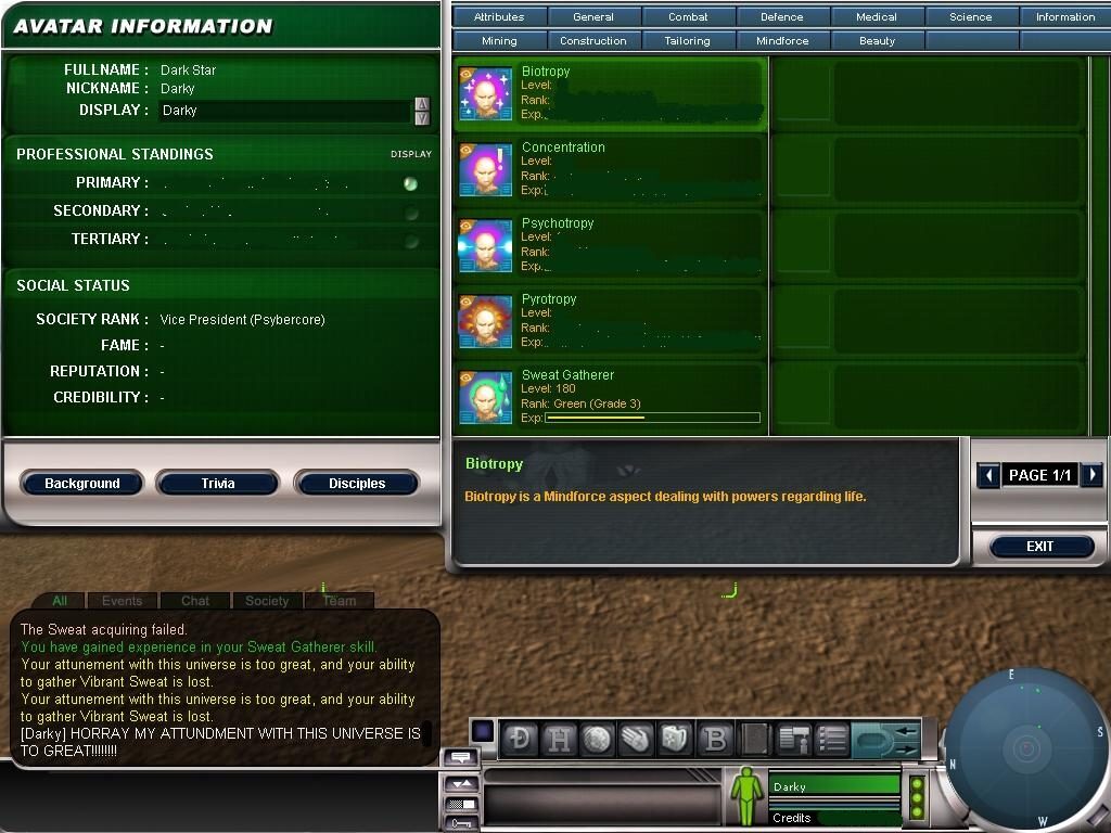 An avatar information screen showing details for the player Dark Star, including skills, rank, and experience. The interface has a green and gray design with buttons for navigation.