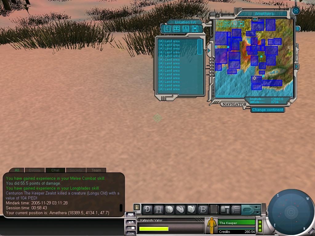 A screenshot from Entropia Universe showing a sandy terrain with sparse grass. The user interface displays experience gained in melee combat and a map of land areas. The time and session details are also visible in the UI.