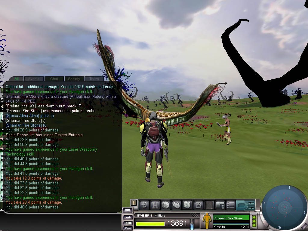 A player avatar named Shaman Fire Stone in a grassy field with red flowers, engaged in combat with an Ambulimax Mature creature. The UI shows damage statistics and chat messages.