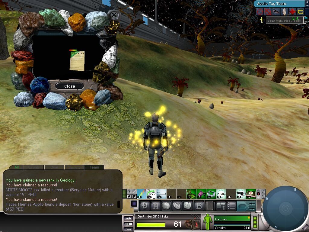 A player in a futuristic suit stands on sandy terrain surrounded by colorful rocks and alien plants. The UI shows messages about gaining a rank in Geology and claiming resources. The scene is illuminated softly, highlighting the vibrant colors of the envi