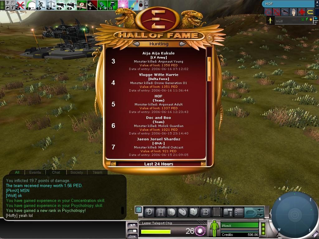 A screenshot of the Hall of Fame interface in Entropia Universe, showing recent hunting rankings and player achievements against a grassy landscape.