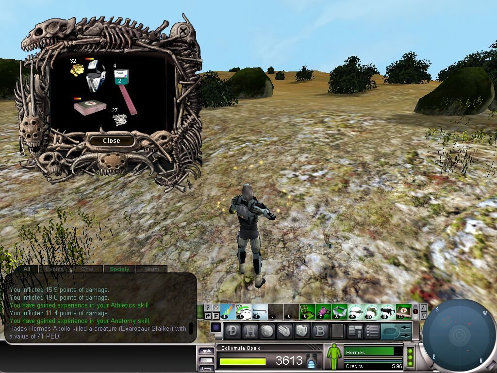 A player avatar in a gray suit stands on rocky terrain with sparse vegetation, facing away. An inventory window shows items like a pickaxe and resources, along with combat statistics on the screen.