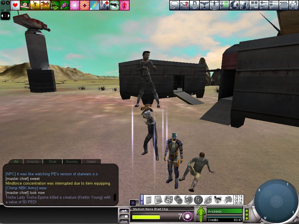A group of five avatars stands in a desert landscape, with one avatar levitating above the others. A futuristic vehicle is visible in the background, and a chat box is displayed at the bottom of the screen.