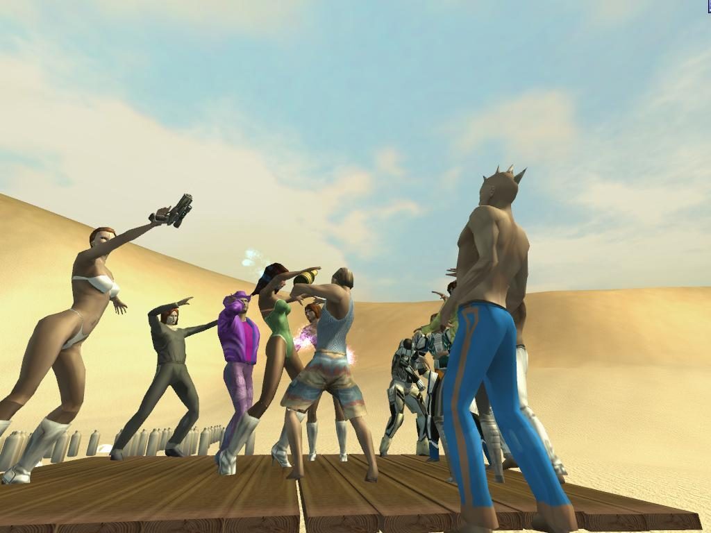 A group of avatars on a wooden platform in a desert, some holding weapons and celebrating.