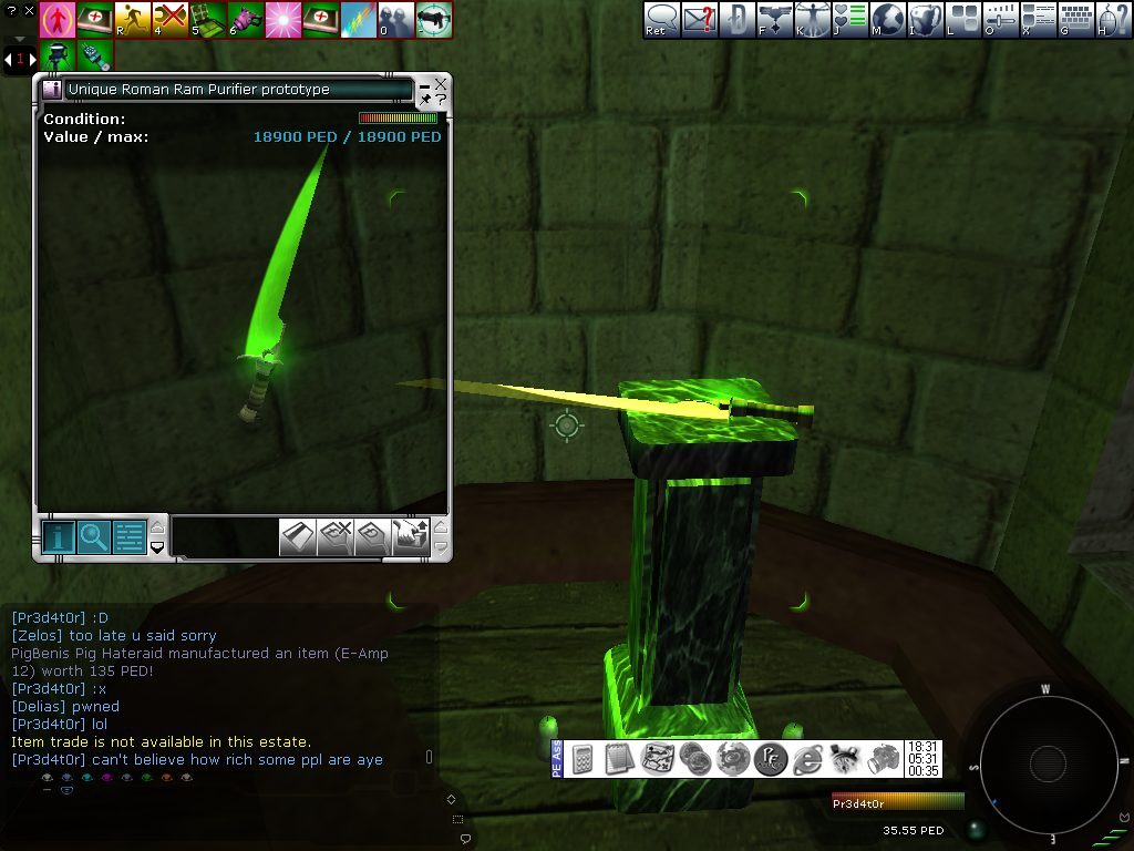 A glowing green sword displayed on a pedestal in a dim stone chamber, with a user interface showing item details and chat messages below.