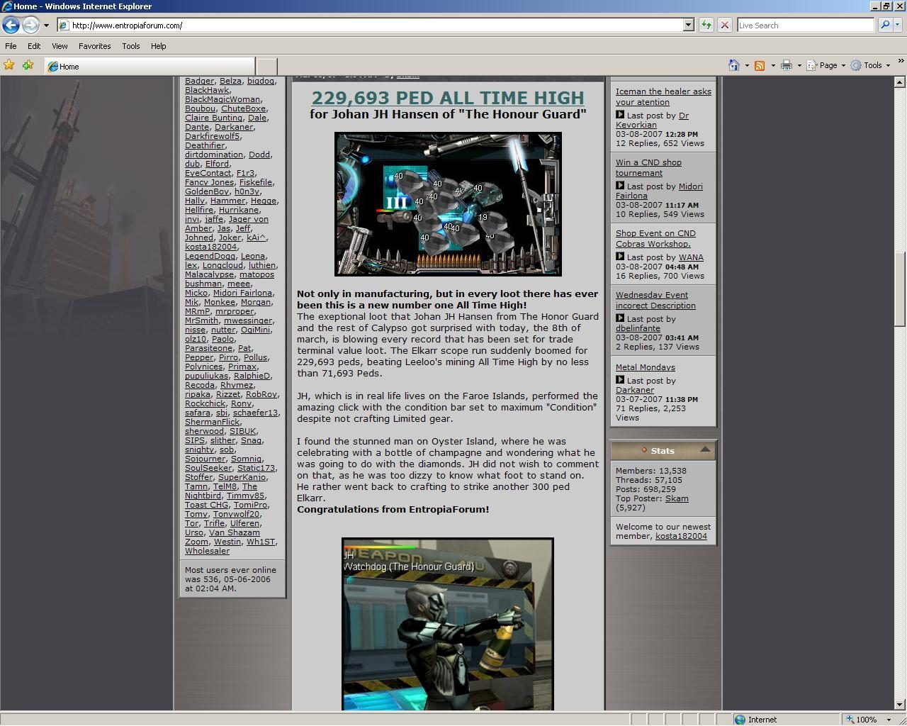 Screenshot of an Entropia Universe forum post celebrating Johan JH Hansen's achievement of 229,693 PED in loot. The post includes a graphical representation of the achievement and congratulatory messages.