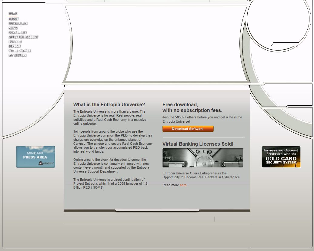 Screenshot of the Entropia Universe homepage, featuring navigation options and game information.