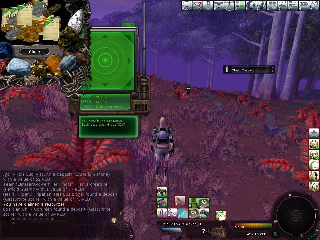 An avatar in a purple forest with red ferns, using a mining tool near a claim marker. The UI shows resource details and recent discoveries.
