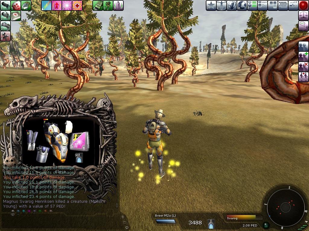A player avatar in a futuristic suit stands in a forest of twisted trees, with a weapon drawn. The user interface shows damage statistics and health points. The lighting creates a mysterious mood in the environment.