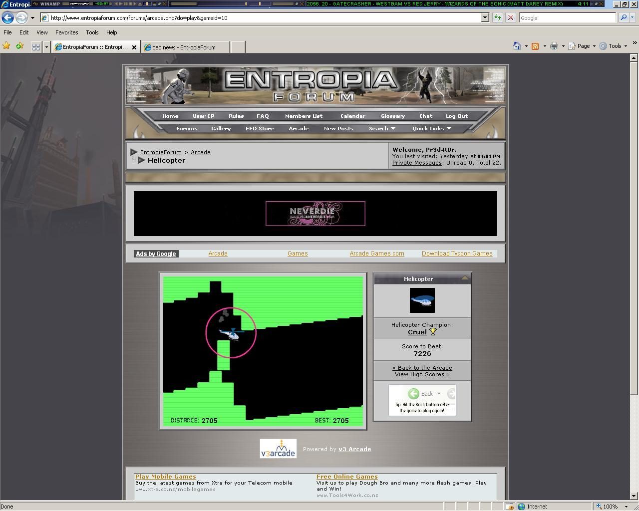 A screenshot of the Entropia Forum displaying a helicopter game interface with a helicopter icon on a green and black grid.