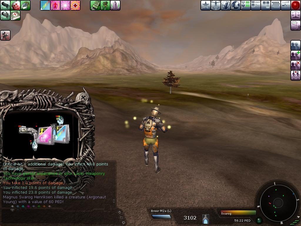 A player avatar in a futuristic outfit runs on a rocky terrain with mountains behind. The avatar holds a Breyer M2a (L) weapon, with UI elements displaying combat stats and damage information.