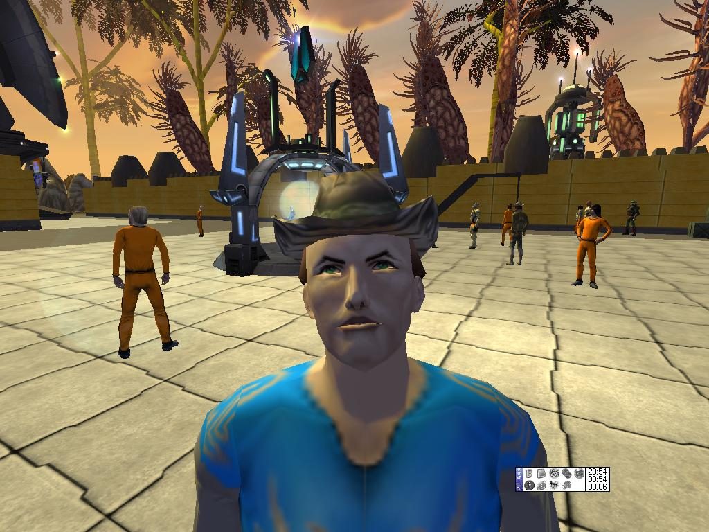 A scene in Entropia Universe showing avatars near a large portal structure, with palm-like trees in the background and a sunset sky. One avatar in a blue shirt and hat is in focus, while others in orange jumpsuits are scattered around.