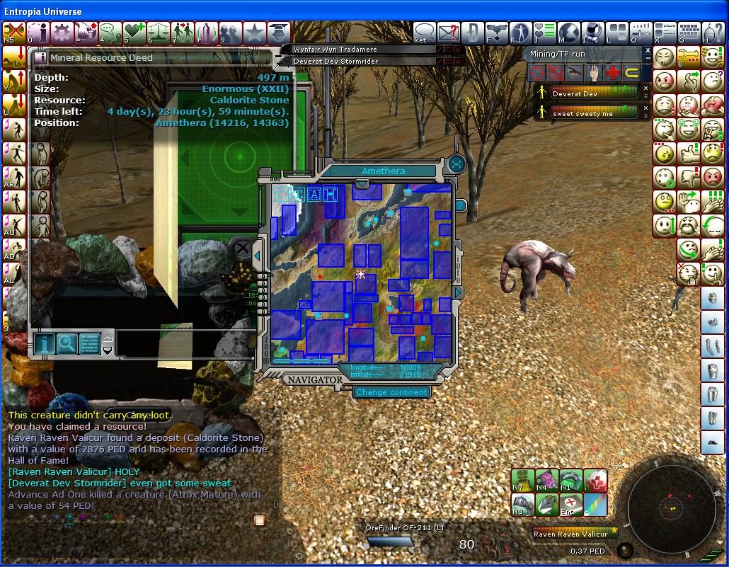 A mining interface displaying a mineral resource deed for Caldorite Stone, with an Atrox Mature creature nearby and a map of Amethera.