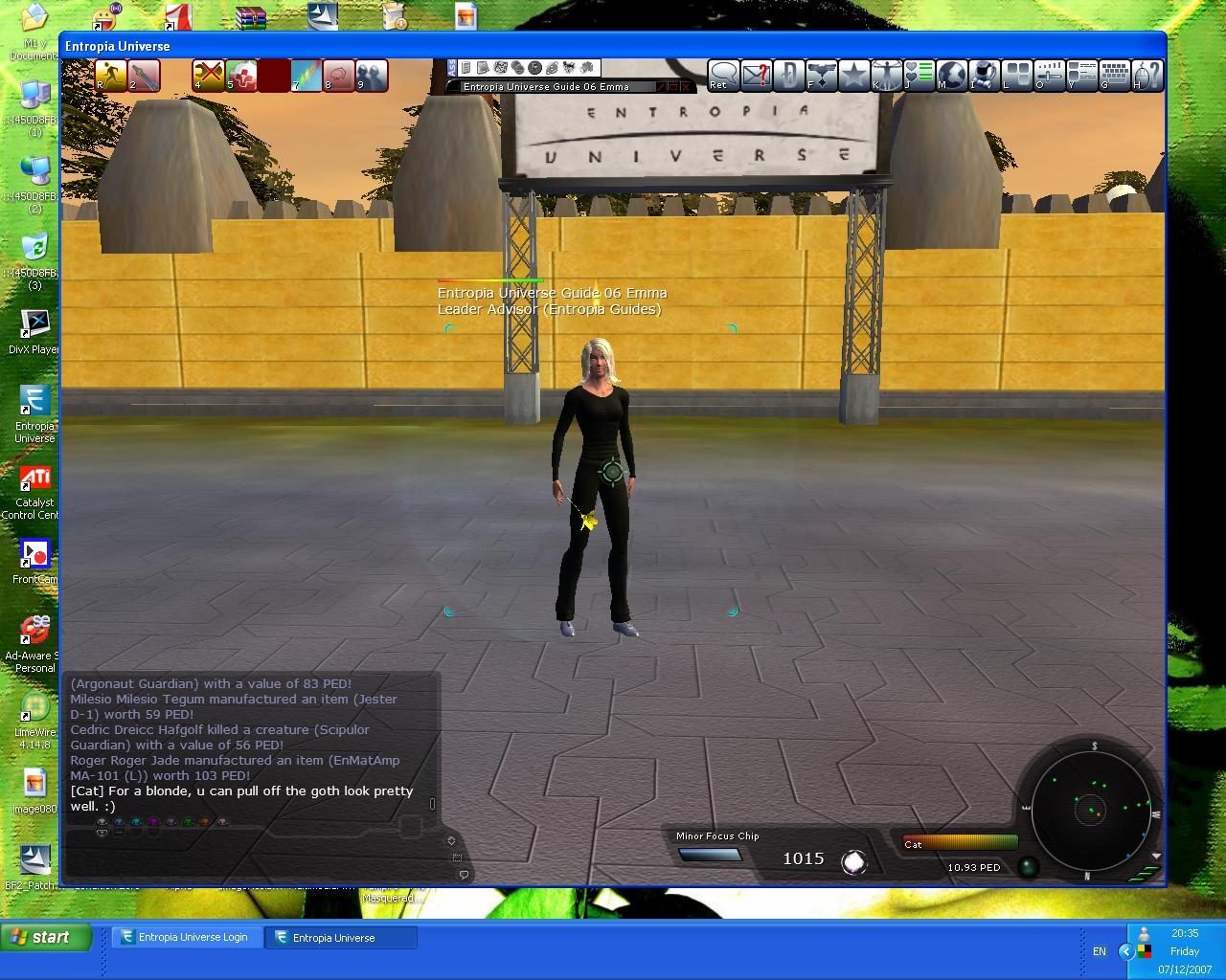 An avatar in a black outfit stands at the entrance of Entropia Universe, with a sign overhead. The user interface includes a chat window showing recent messages and a health bar at the bottom.