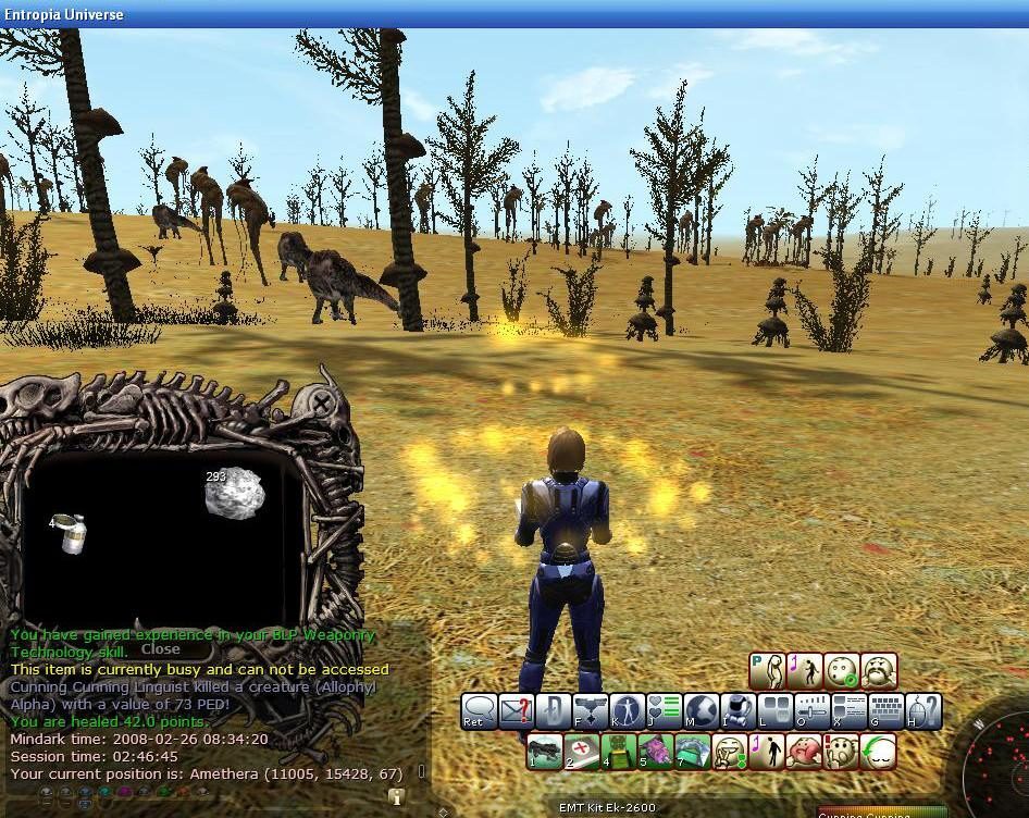 A player avatar stands in a dry landscape with sparse trees and Allophyl creatures in the background. The user interface displays health points and equipment details.