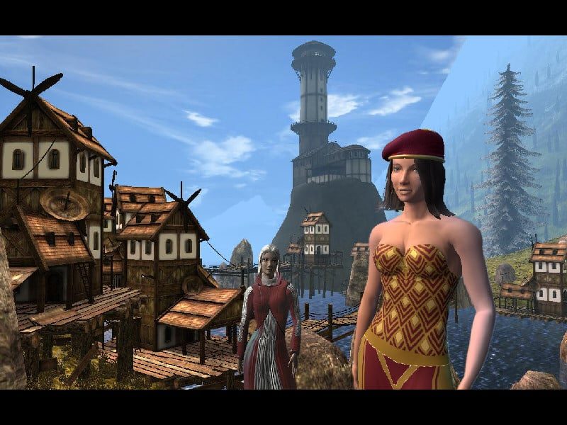 A scenic village on stilts over water with two avatars in the foreground and a lighthouse in the background.