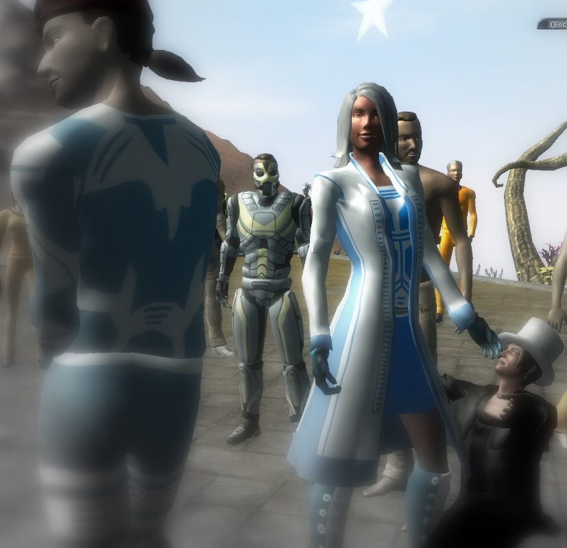 A group of avatars in an outdoor setting, featuring a woman in a white coat and blue accents, a metallic humanoid, and others in various outfits, under a clear sky with a star.