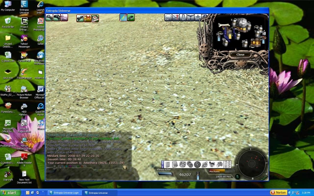 A screenshot of the Entropia Universe gameplay interface showing sandy ground and an inventory window with items and stats. The left side displays desktop icons, while the right features a detailed inventory framed in an ornate design. Chat log at the bot