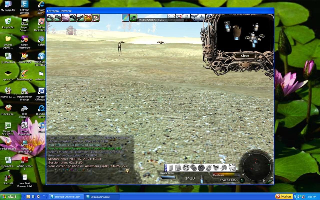 A sandy landscape in Amethera with two Atrox creatures in the distance. The player's UI shows health and skill information. Bright lighting indicates a clear day.