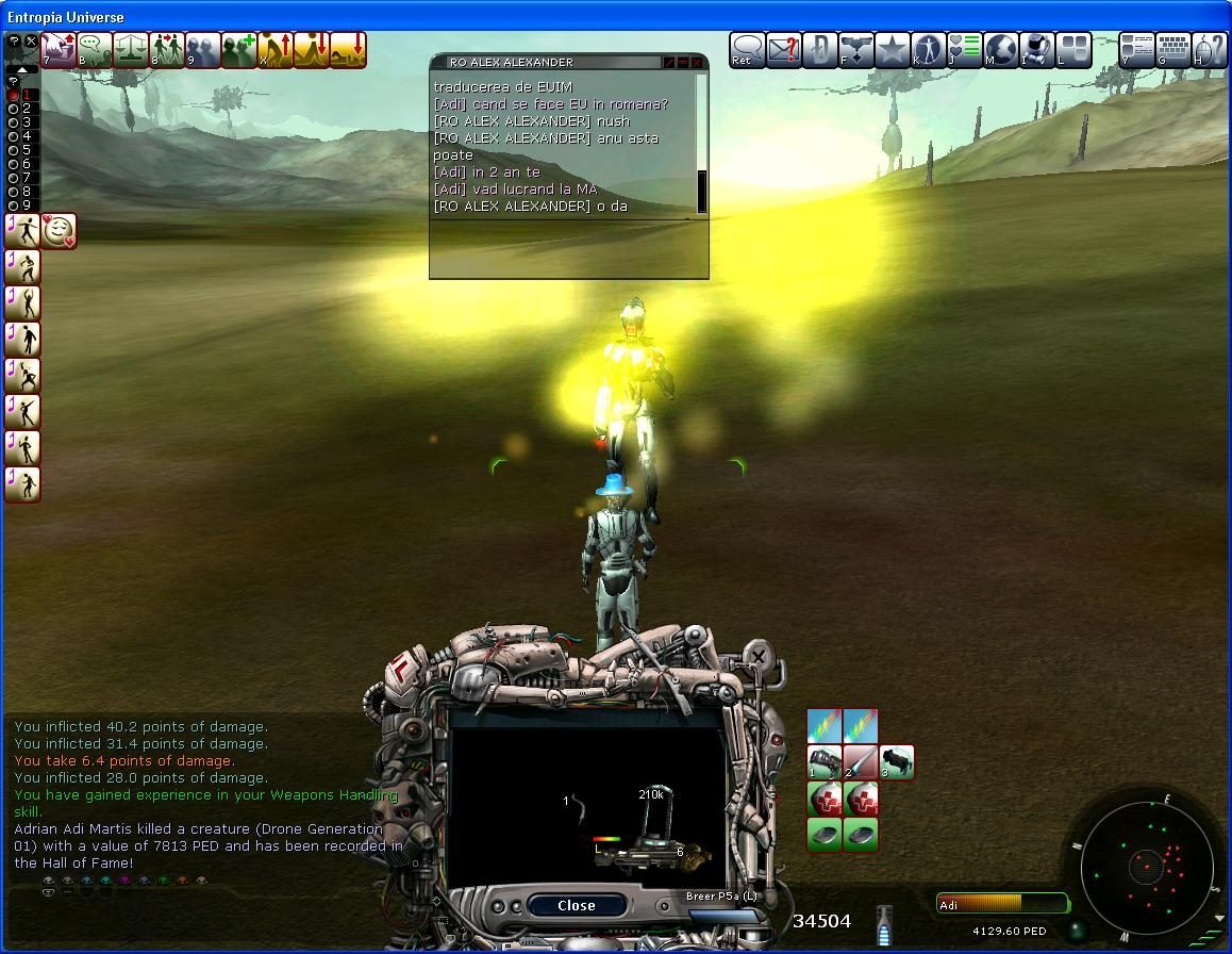 An avatar in metallic armor stands in a barren landscape, glowing yellow. The UI shows combat statistics and icons related to a recent battle against a drone.