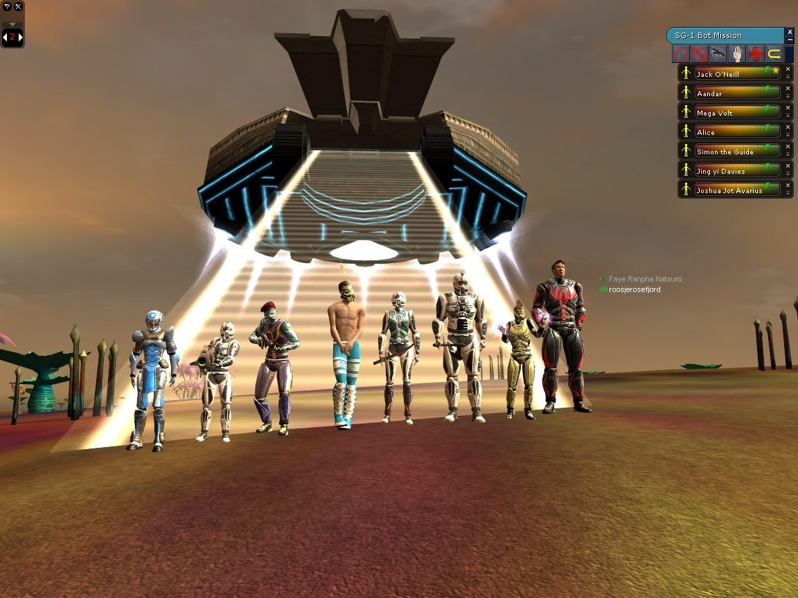 A group of eight avatars in futuristic outfits stands in a barren landscape under a glowing spacecraft. The avatars include robots and humanoids, with one shirtless and another in a red and black suit, against a warm, muted sky.