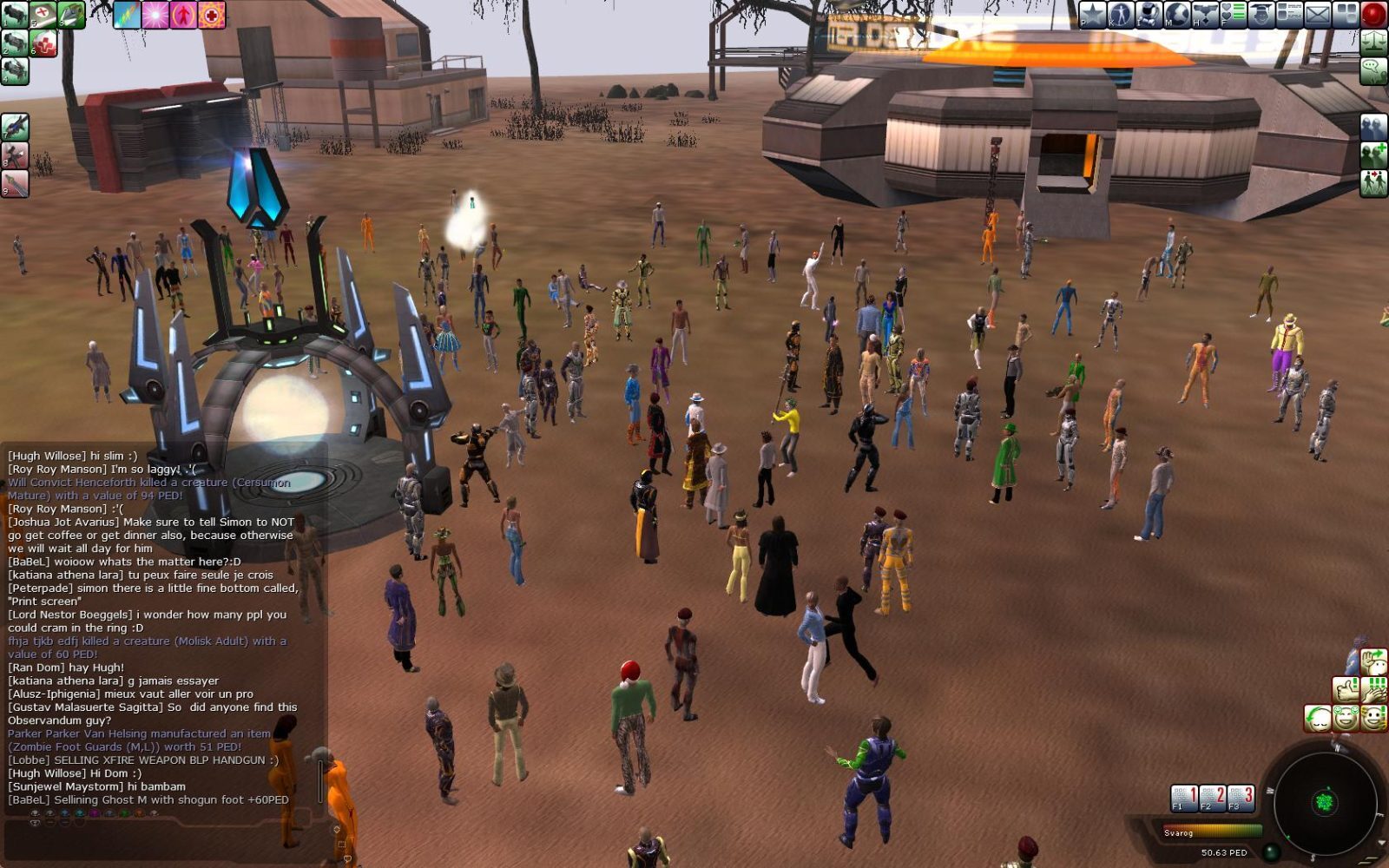 A large crowd of avatars gathered around a teleporter in a barren landscape, with a futuristic vehicle in the background. The scene is bright, showcasing diverse outfits and lively interactions among the avatars.