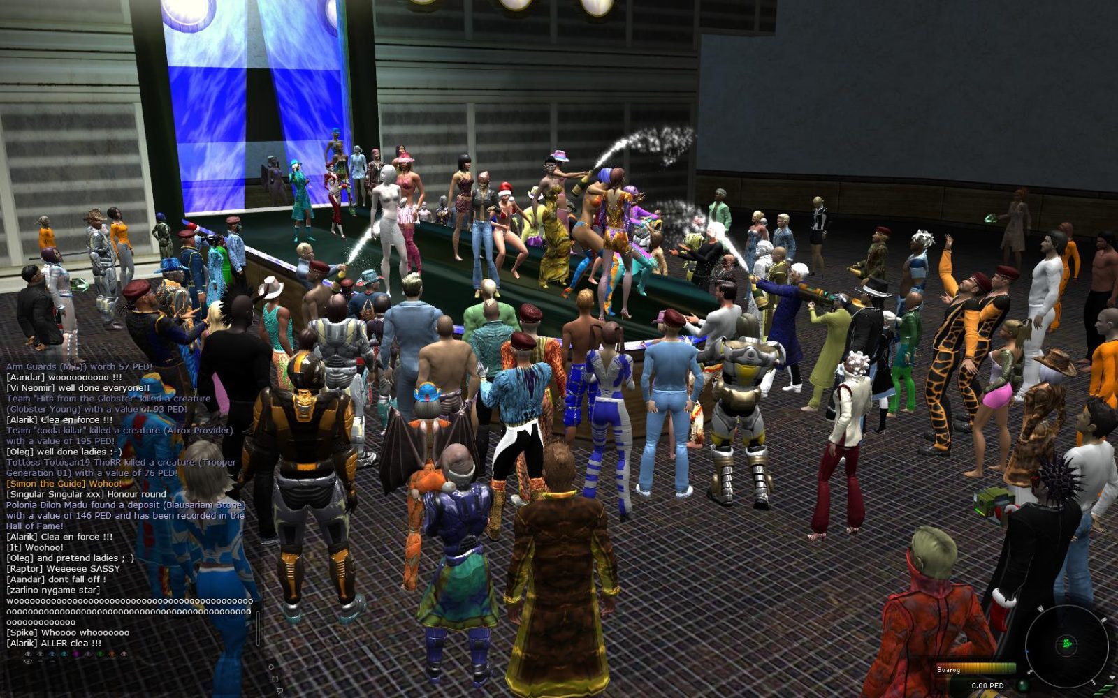 A crowded event in Entropia Universe with avatars dancing on stage, wearing colorful outfits. The audience is diverse, featuring various costumes and armor. Chat messages are visible on the screen, indicating player interactions and excitement.