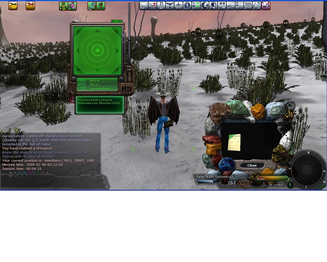 An avatar with bat wings stands in a snowy environment next to a colorful pile of stones. A UI panel shows details about a discovered Lanorium Stone resource.