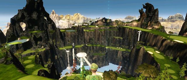 A player avatar overlooking a canyon with steep cliffs, greenery, and a body of water.
