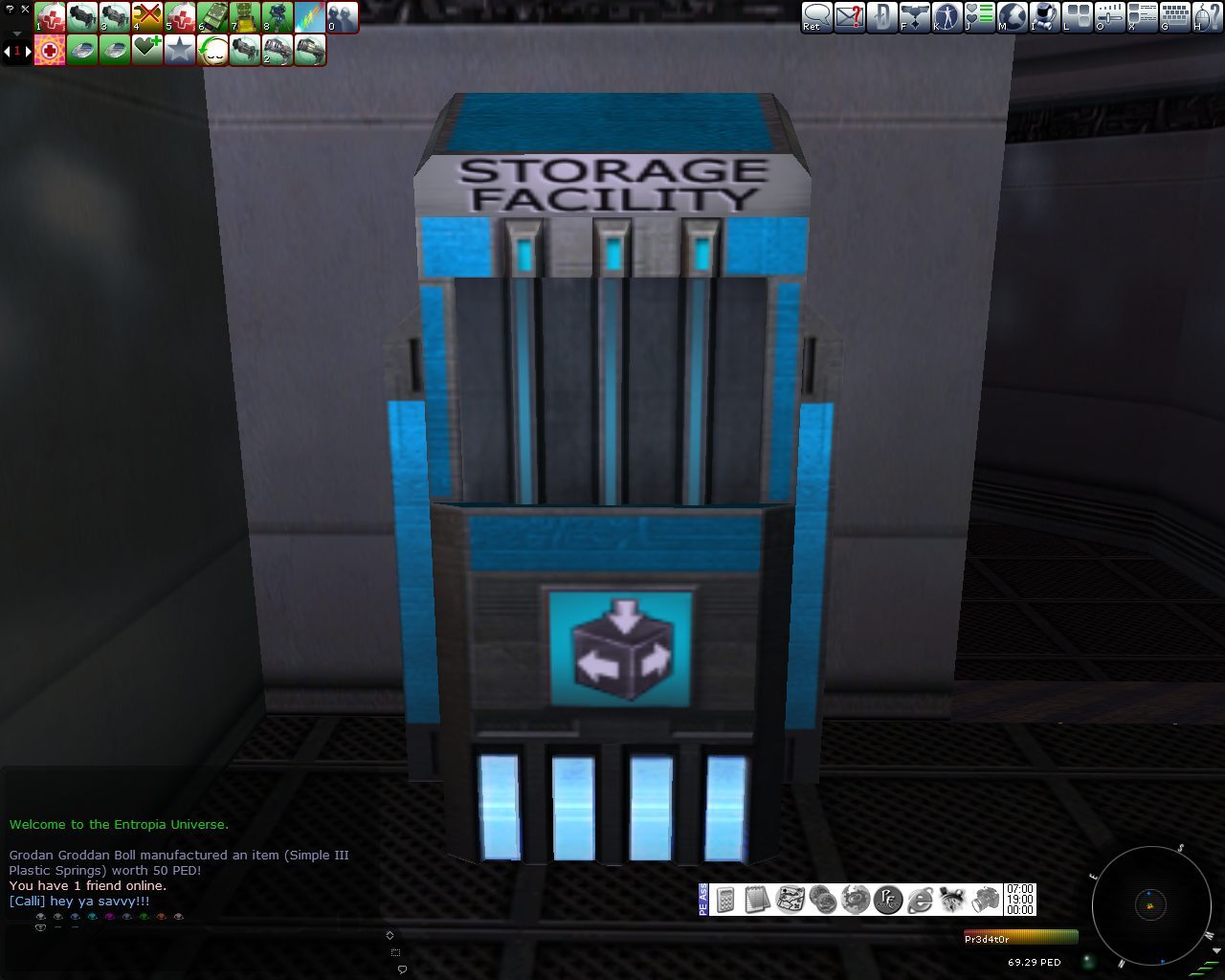 A storage facility with a blue and gray design labeled 'STORAGE FACILITY' in a metallic environment. UI elements display player information and chat interactions.