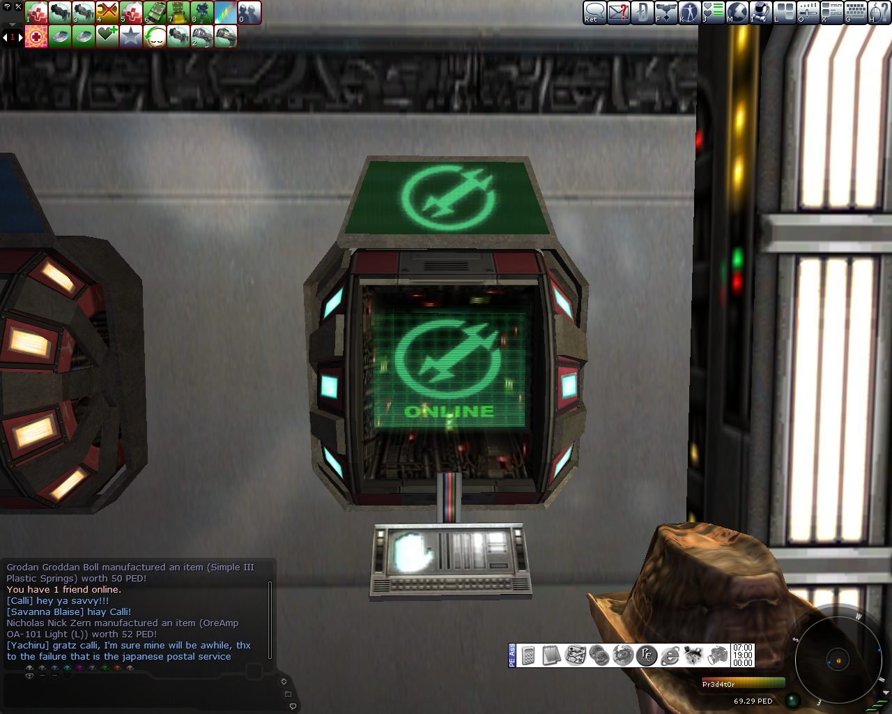 A high-tech terminal with a green 'ONLINE' display, surrounded by illuminated circular objects. The interface shows player information and chat messages, set against a metallic background.