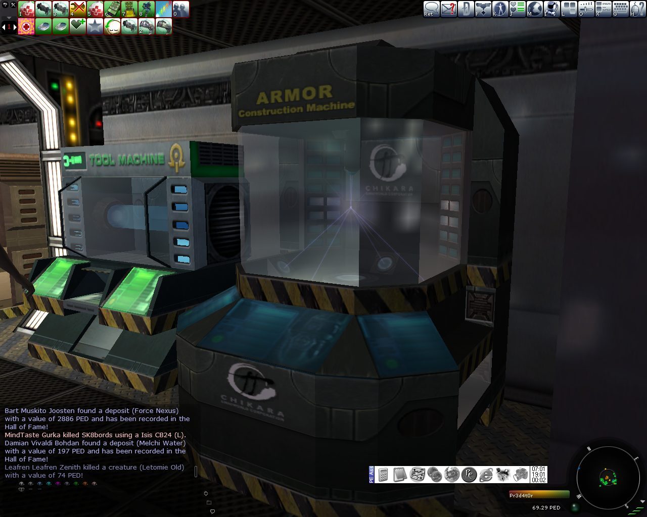 A metallic interior with two construction machines labeled 'ARMOR' and 'TOOL MACHINE.' The machines have glowing panels and are surrounded by a dimly lit environment. A player avatar is partially visible next to the 'TOOL MACHINE.'