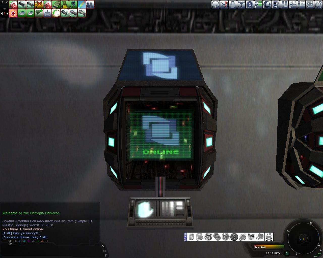 A futuristic terminal with a green grid displaying 'ONLINE' in a metallic environment, featuring UI elements showing chat and inventory.